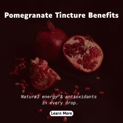 Square banner showing whole and sliced pomegranate with Learn More button