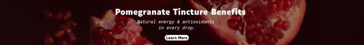 Pomegranate tincture benefits banner with sliced pomegranate and Learn More button